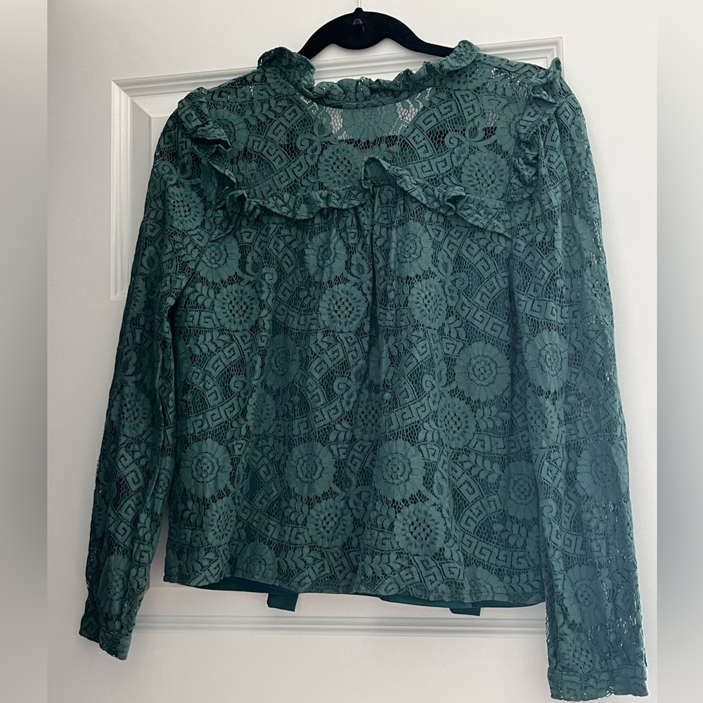 Alice Blue Green Lace Ruffle Yolk Top with Tie Back - Size Medium
